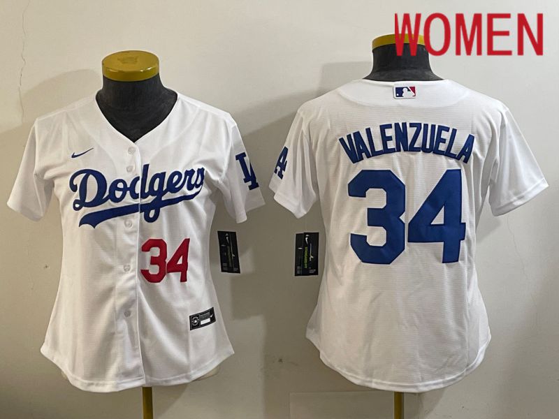 Women Los Angeles Dodgers #34 Valenzuela White Game 2024 Nike MLB Jersey style 11202->women mlb jersey->Women Jersey